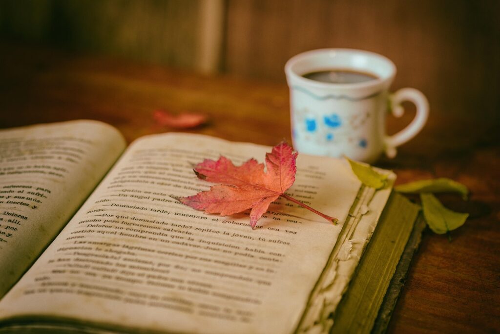 leaves, coffee, cup, still life, book, coffee cup, reading, nature, leisure, hobby, read, open book, bookworm