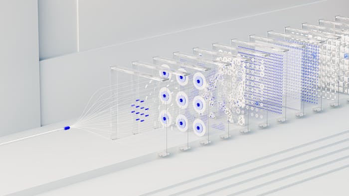 Visual abstraction of neural networks in AI technology, featuring data flow and algorithms.