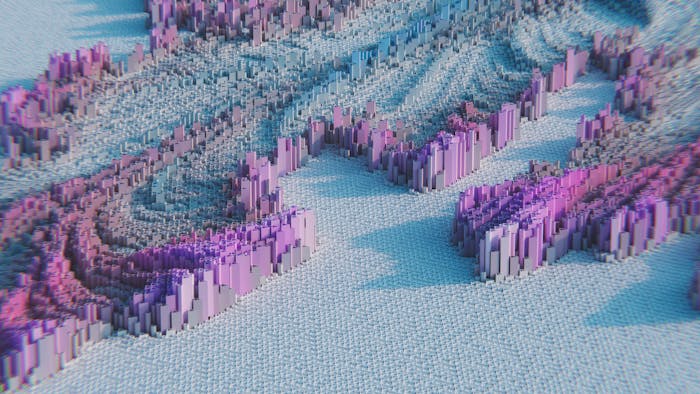 3D abstract geometric pattern featuring pastel pink and purple blocks, creating a modern visual effect.