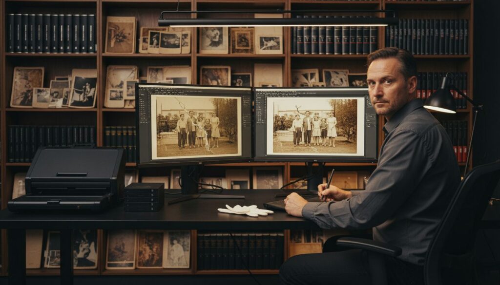 A man sits at a desk editing a vintage family photo on dual monitors, surrounded by old photographs, books, and photo restoration tools in a library—an expert overview of what is photo restoration in action. .Uploaded on aifreeforever.com