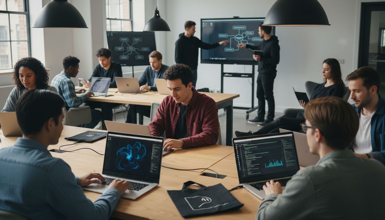 People work on laptops at a large table in a modern office, while two individuals present data and diagrams—including insights from a Free AI guide—on digital screens in the background. .Uploaded on aifreeforever.com