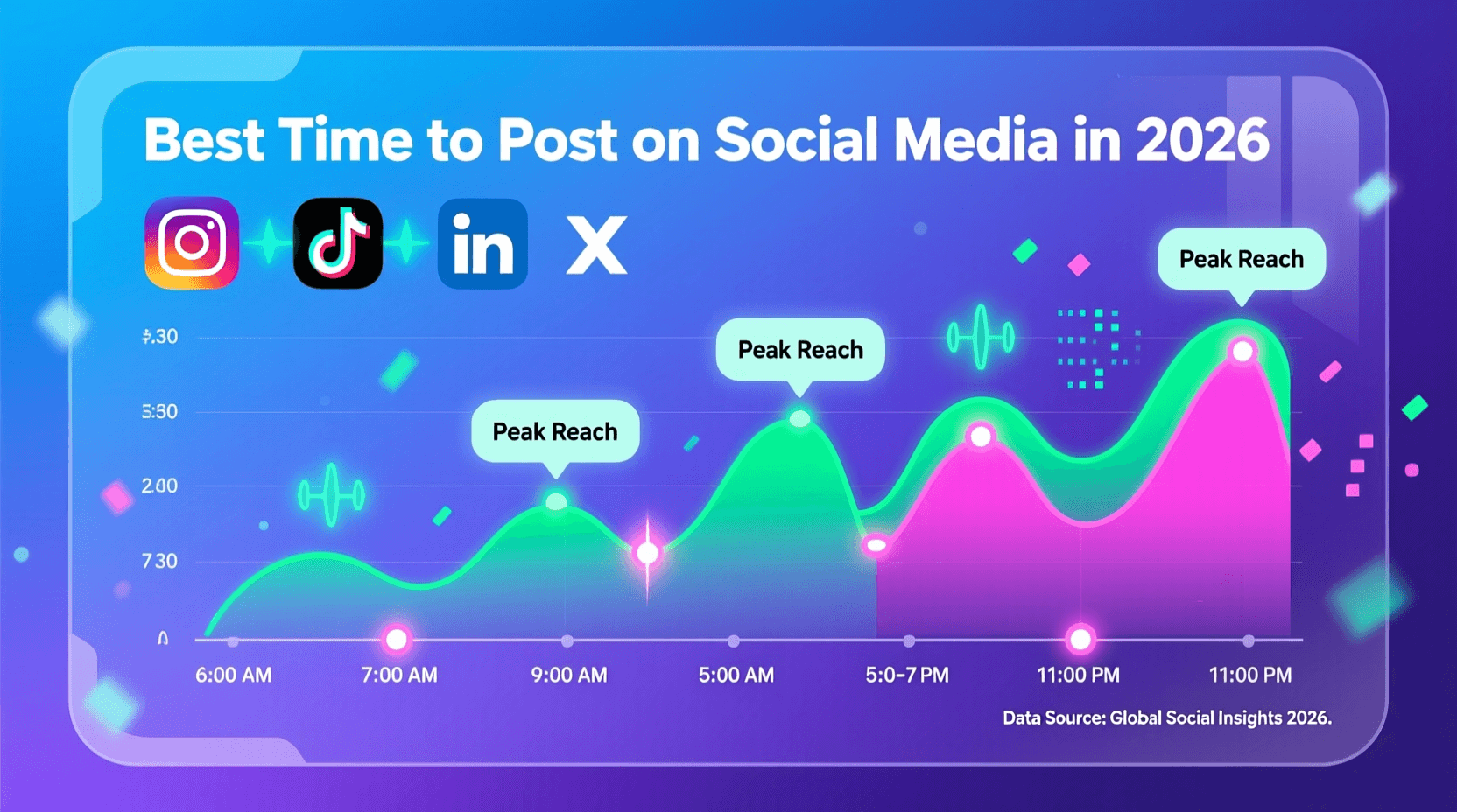 Graph showing the Best Time to Post on Social Media 2026, with peak reach at 9 AM, 5 PM, 7 PM, and 11 PM for Instagram, TikTok, LinkedIn, and X. Uploaded on aifreeforever.com