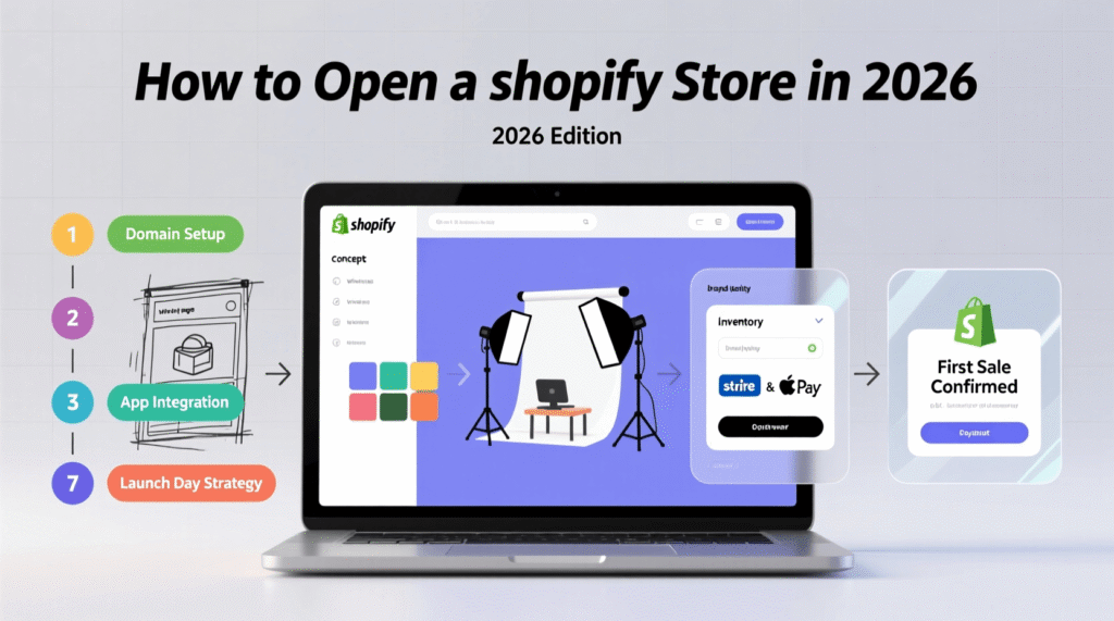A laptop displays a Shopify store setup guide; steps for opening a Shopify store in 2026 are listed beside it, ending with First Sale Confirmed. Uploaded on aifreeforever.com
