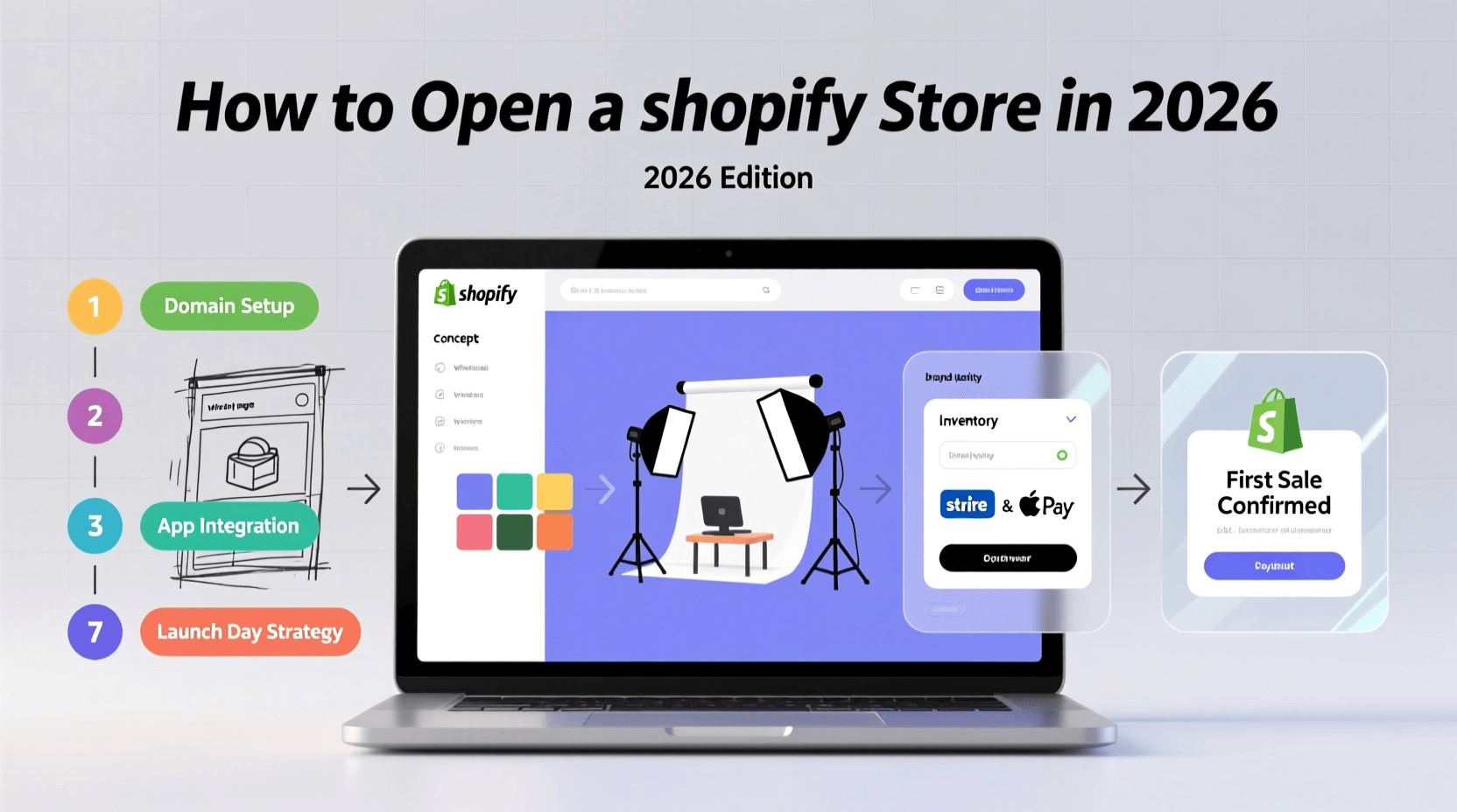 A laptop displays a Shopify store setup guide; steps for opening a Shopify store in 2026 are listed beside it, ending with First Sale Confirmed. Uploaded on aifreeforever.com
