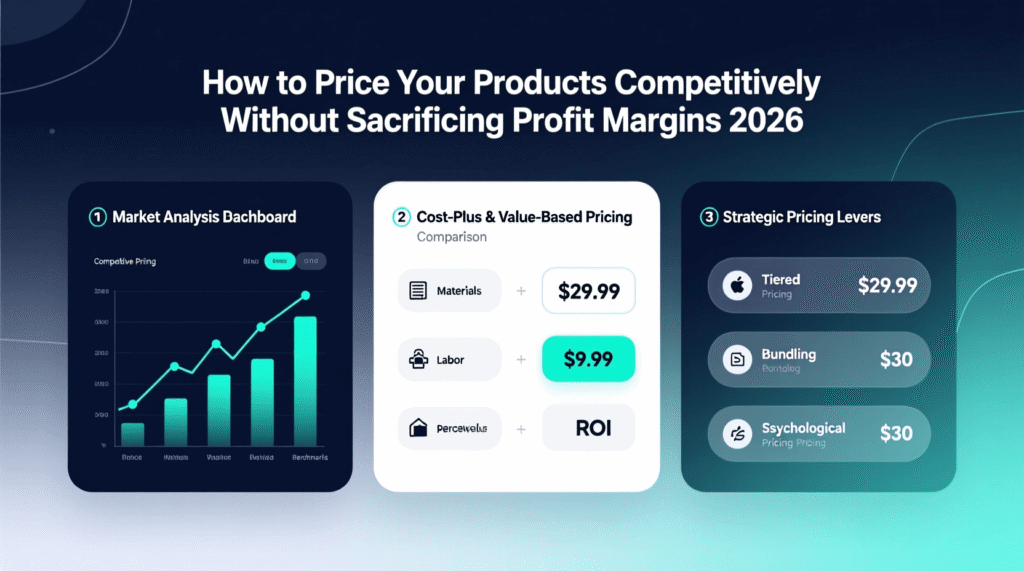 Infographic detailing how to price your products competitively in 2026, featuring a market analysis chart, cost-plus pricing breakdown, and three strategic pricing levers to help maximize profit margins. Uploaded on aifreeforever.com