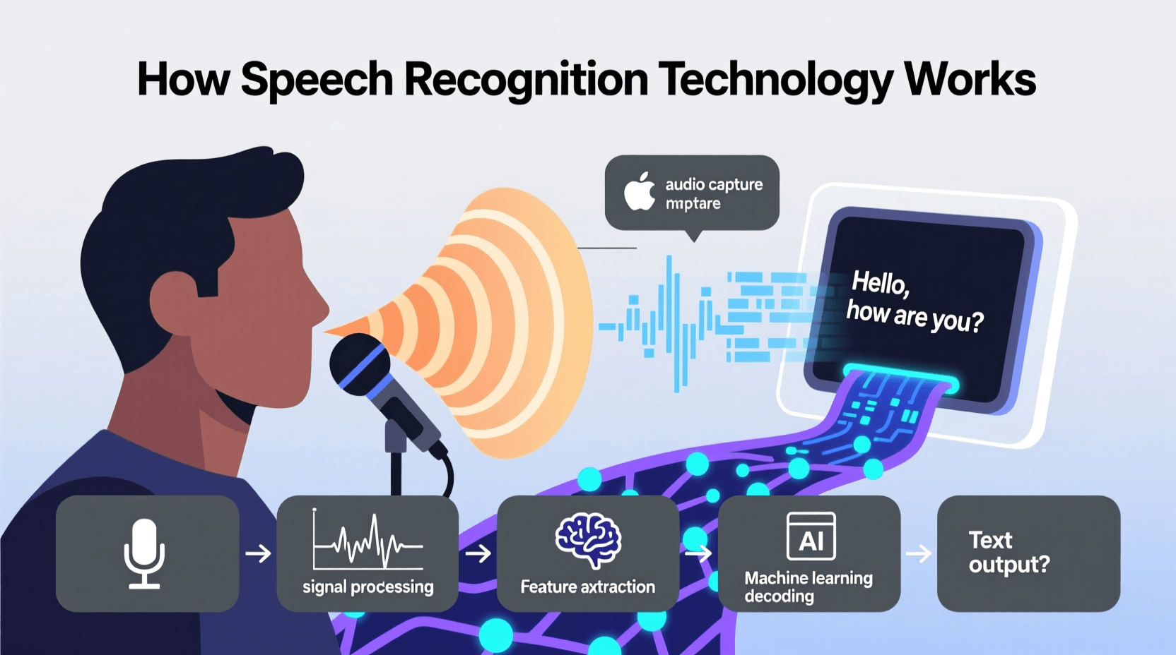 Diagram illustrating Speech Recognition Technology: a person speaks into a microphone, with steps including signal processing, feature extraction, machine learning decoding, and text output. Uploaded on aifreeforever.com