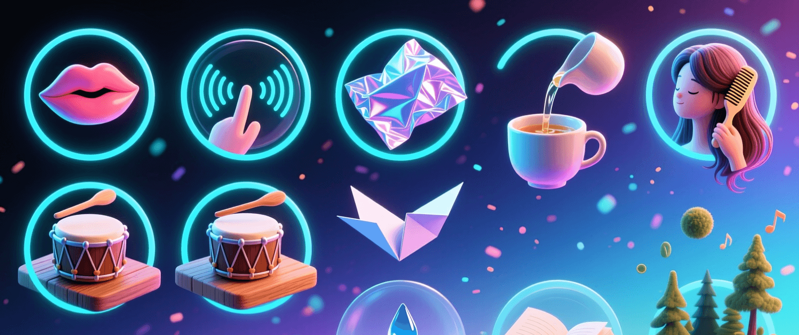 A digital illustration features icons of lips, a finger tapping, crystals, tea being poured, a woman brushing her hair, drums, a paper boat, and musical notes—highlighting popular ASMR trends against a colorful background. Uploaded on aifreeforever.com