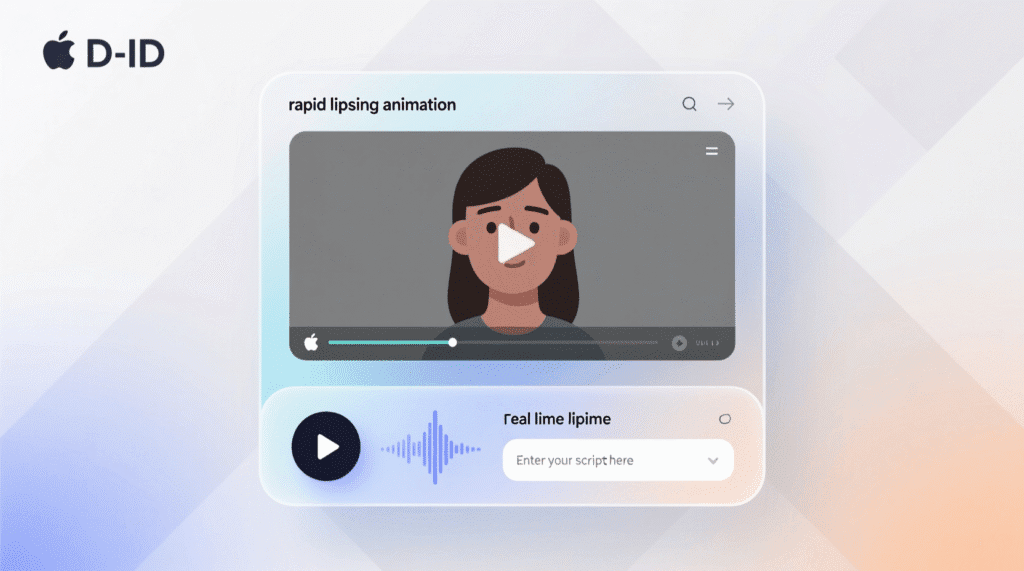 A digital interface displays an animated woman in a video player, featuring rapid AI Lip Sync animation and real-time lip time script input below. Uploaded on aifreeforever.com