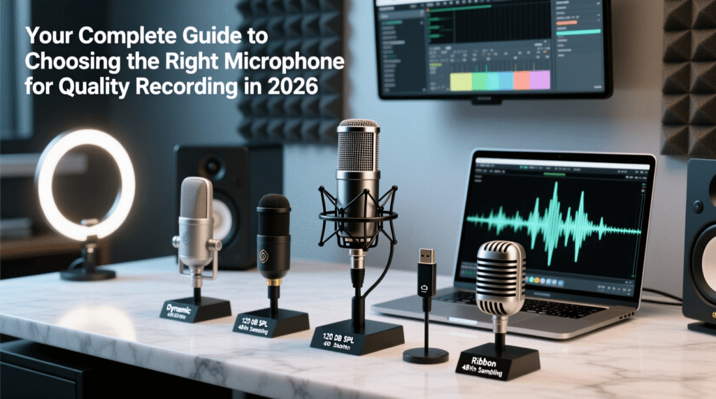 Four different quality recording microphones rest on a desk beside a laptop displaying audio waves, with soundproof panels and studio equipment in the background for a professional 2026 setup. Uploaded on aifreeforever.com