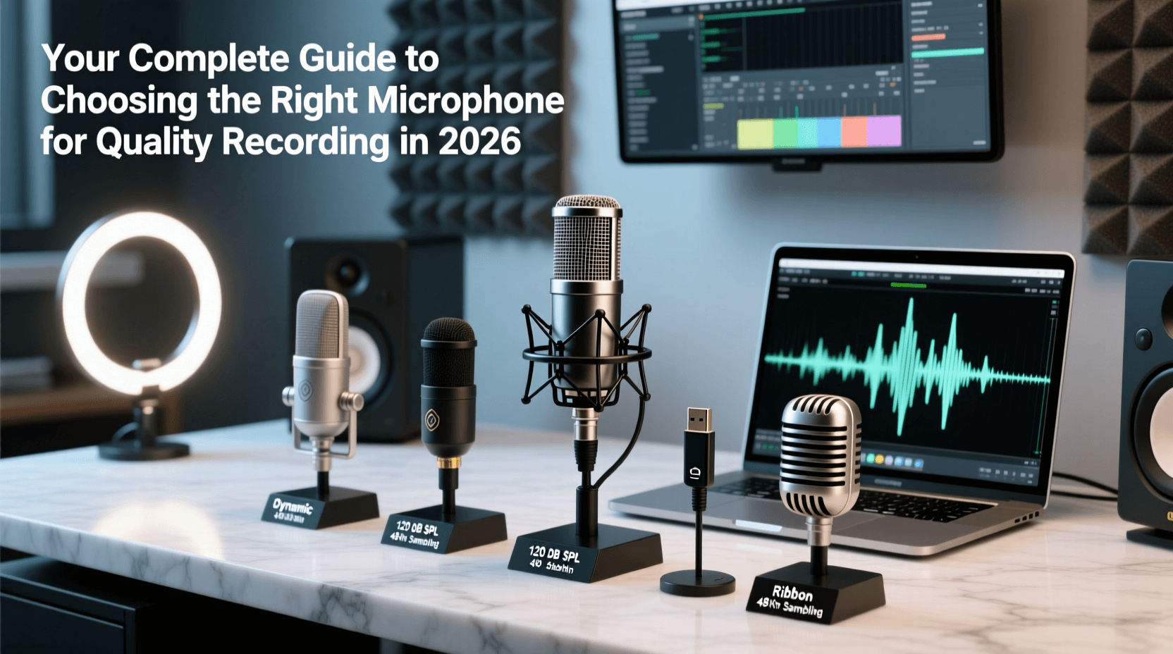 Four different quality recording microphones rest on a desk beside a laptop displaying audio waves, with soundproof panels and studio equipment in the background for a professional 2026 setup. Uploaded on aifreeforever.com