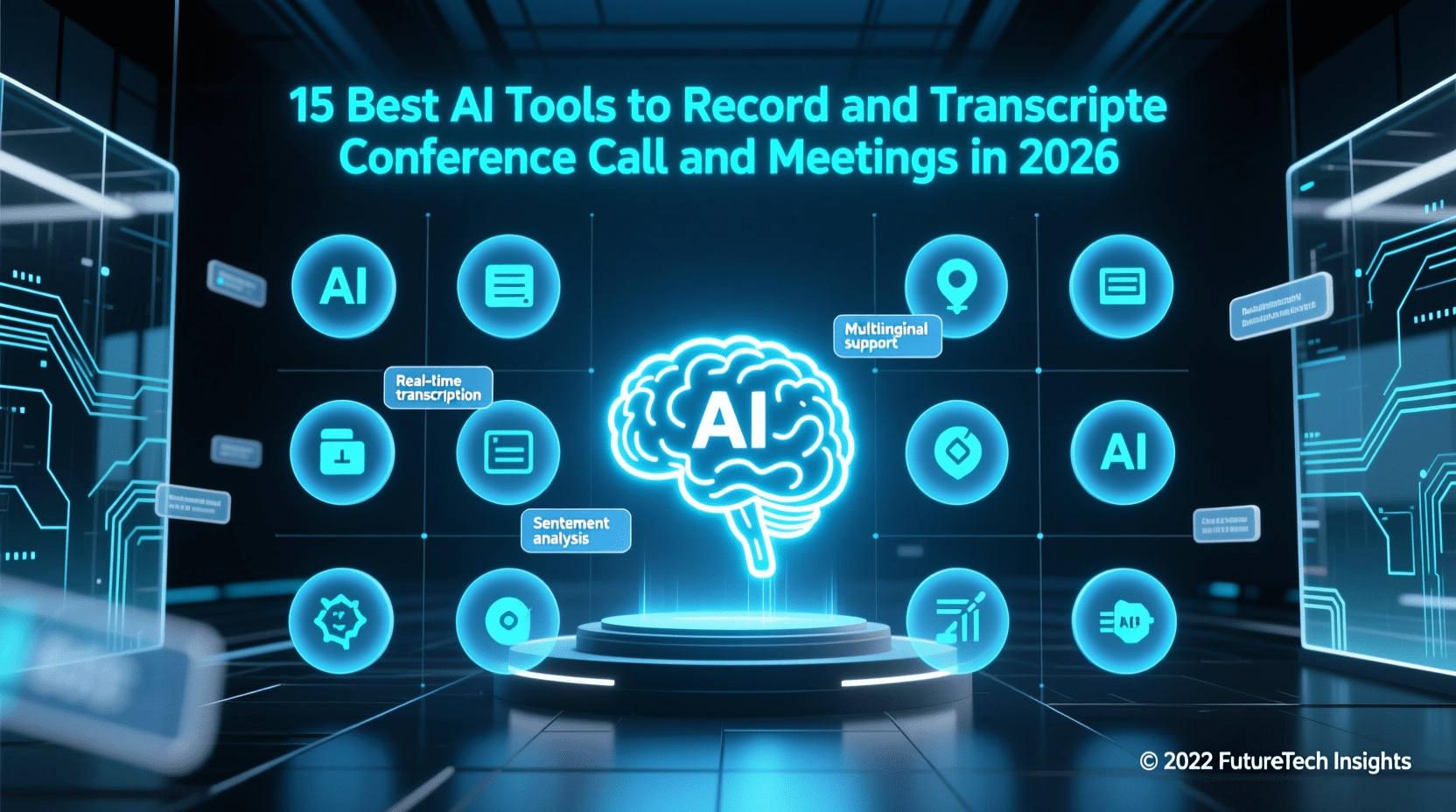 Futuristic digital graphic showing a central AI brain surrounded by icons representing AI tools for meetings, including features to transcribe conference calls, with the title text above. Uploaded on aifreeforever.com
