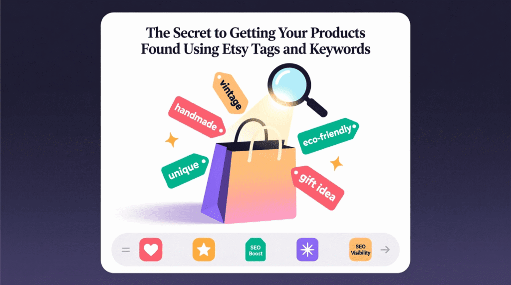 Illustration of a shopping bag with tags reading handmade, vintage, eco-friendly, unique, and gift idea, highlighting the importance of Etsy tags and keywords to boost product search visibility. Uploaded on aifreeforever.com