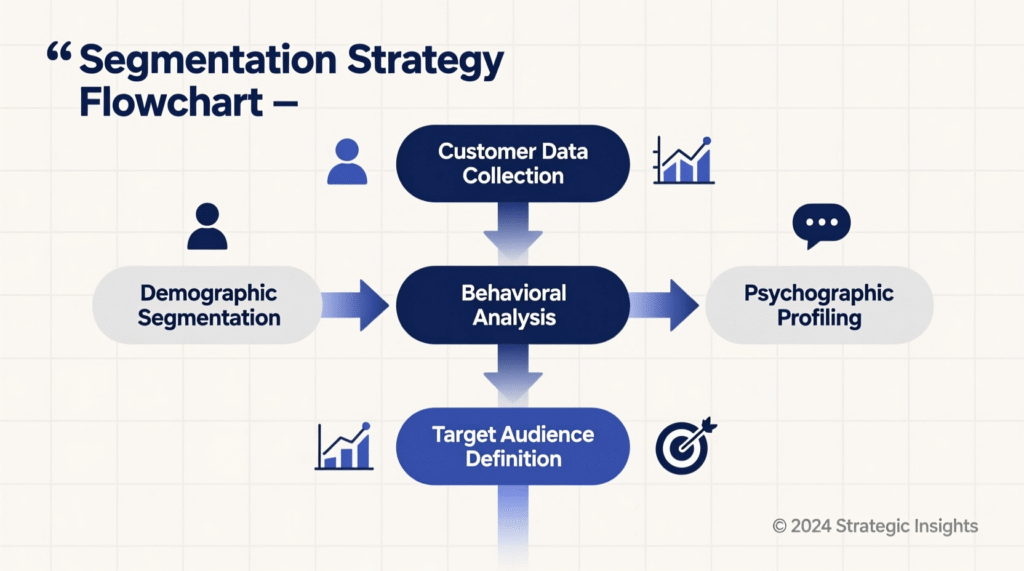 A flowchart showing segmentation strategy steps: customer data collection, demographic segmentation, behavioral analysis, psychographic profiling, and target audience definition for effective email marketing strategy. Uploaded on aifreeforever.com
