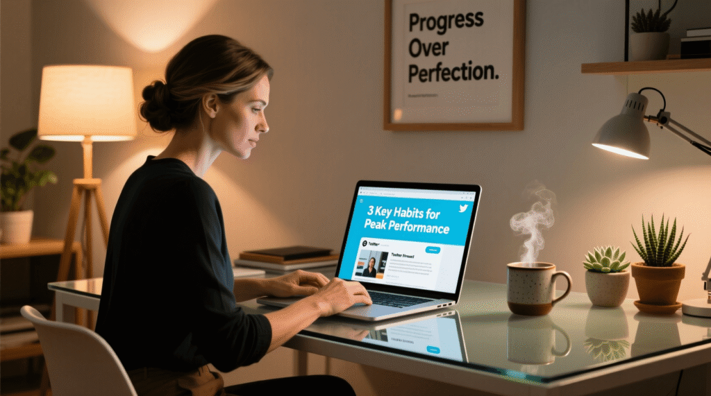 A woman works on a laptop at a desk with a mug and a plant, in a well-lit room with a Progress Over Perfection poster—perfect inspiration for coaches brainstorming Twitter thread ideas. Uploaded on aifreeforever.com