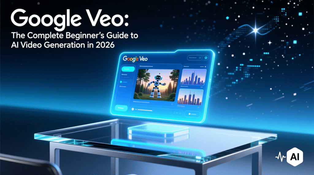 A futuristic digital screen on a glass table displays Google Veo and AI video generation graphics, with the caption The Complete Beginner's Guide to AI Video Generation in 2026. Uploaded on aifreeforever.com