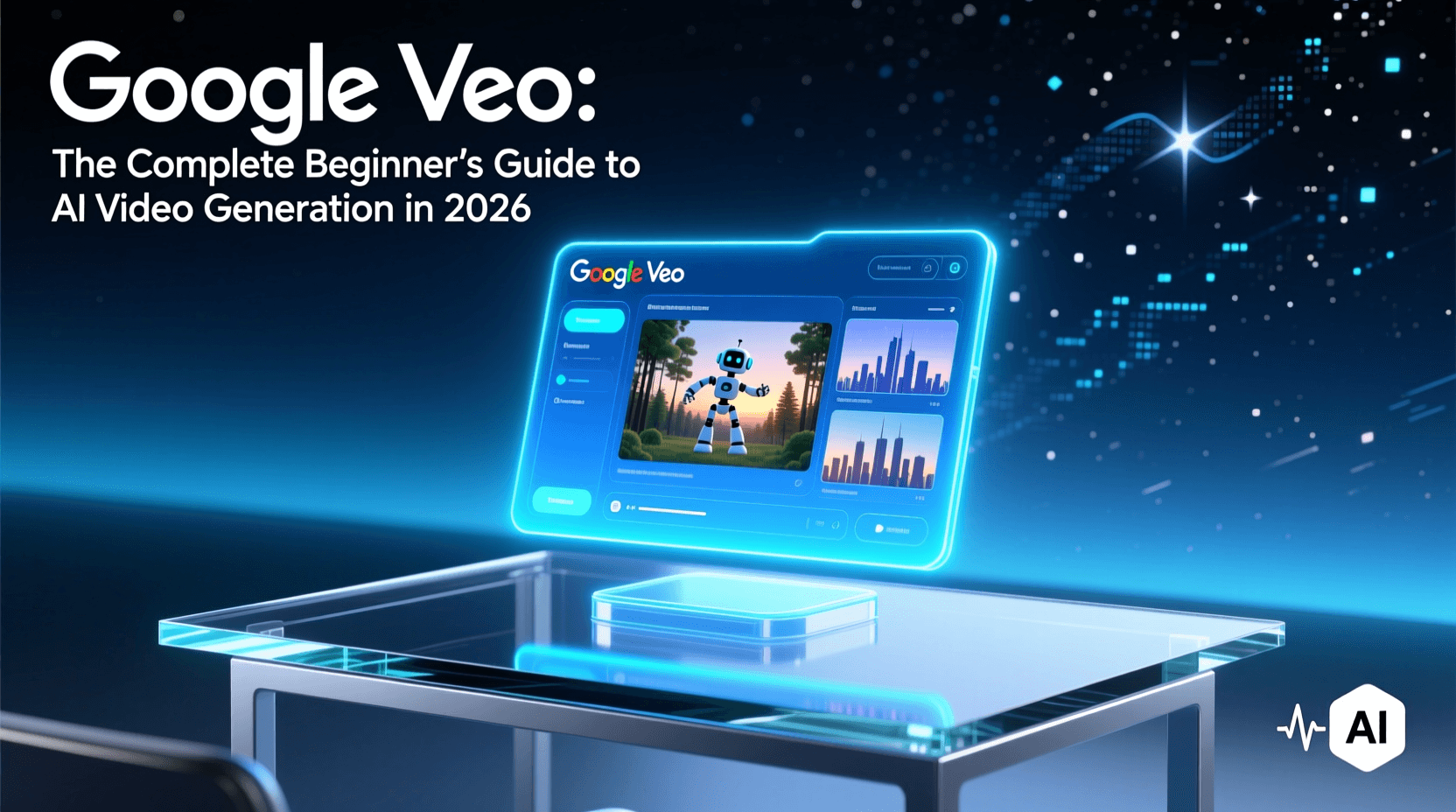 A futuristic digital screen on a glass table displays Google Veo and AI video generation graphics, with the caption The Complete Beginner's Guide to AI Video Generation in 2026. Uploaded on aifreeforever.com