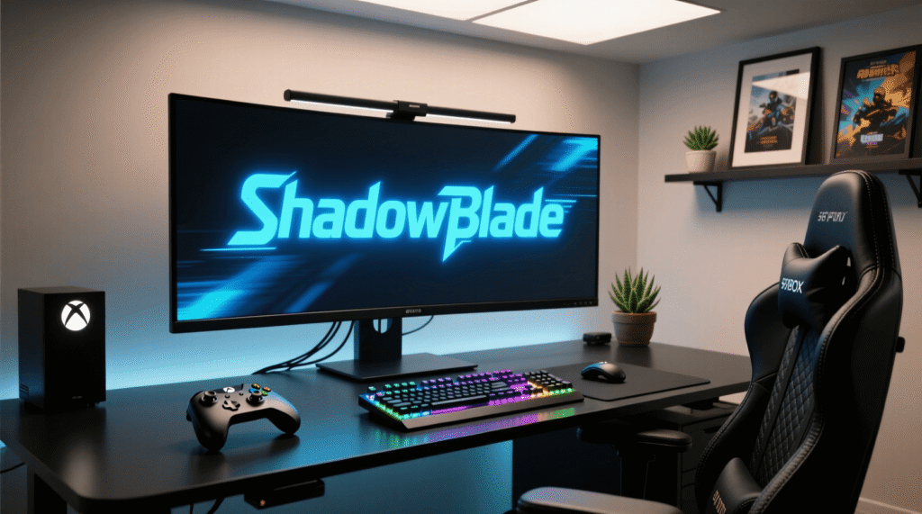 A gaming setup features an ultrawide monitor displaying “ShadowBlade,” a mechanical keyboard with RGB lighting, an Xbox controller, a gaming chair, wall-mounted game posters, and quick access to the best gamertag generators for finding a free Xbox Gamertag. Uploaded on aifreeforever.com