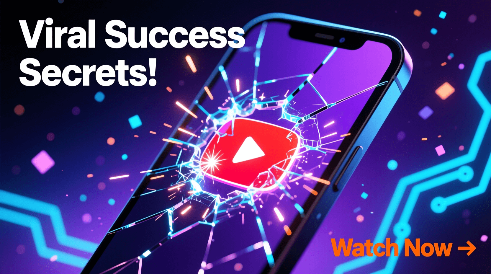 A smartphone screen displaying a shattered effect with the YouTube play icon in the center, overlaid with the text Viral Success Secrets! and Watch Now—perfect inspiration for your next AI video or YouTube content creation journey. Uploaded on aifreeforever.com