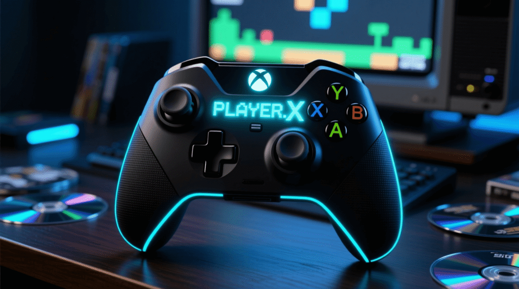 A glowing Xbox controller displaying PLAYER.X rests on a desk with scattered game discs, in front of a monitor showing a retro platform game—perfect inspiration to generate gamertags or explore creative gamertag ideas. Uploaded on aifreeforever.com