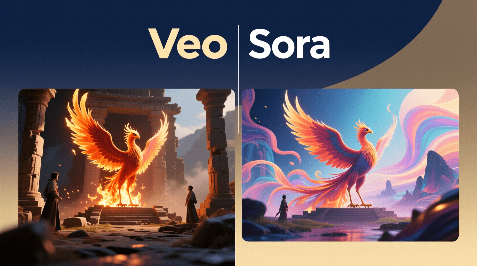 Side-by-side comparison of two phoenix illustrations, labeled Google Veo on the left with realistic tones and Sora AI on the right with vibrant, colorful, and stylized scenery—showcasing styles seen in photorealistic videos. Uploaded on aifreeforever.com
