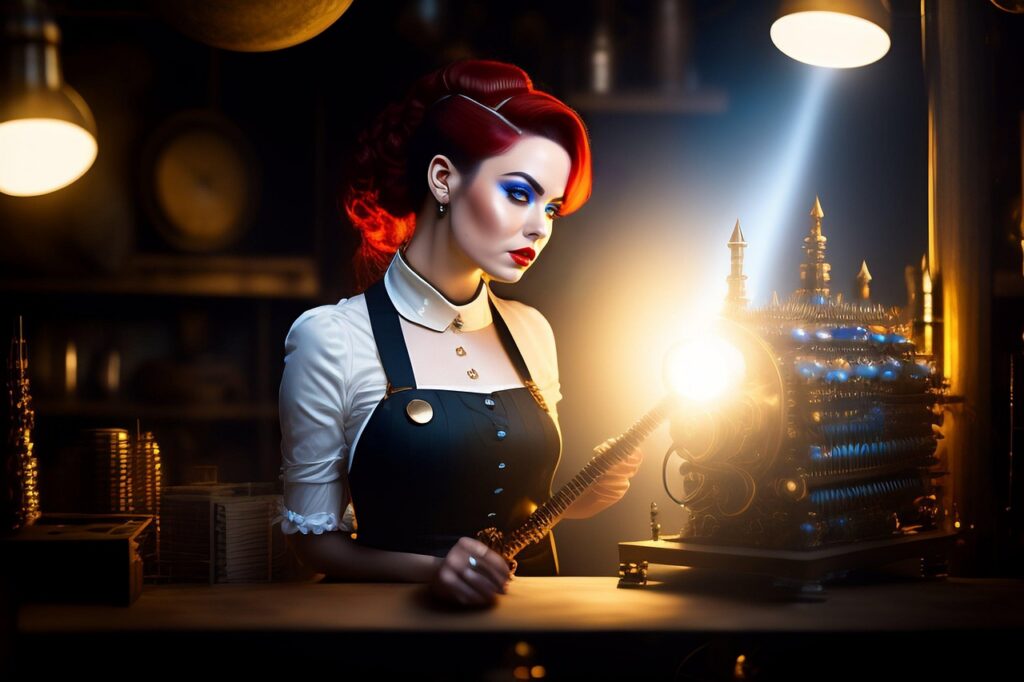 ai-generated, woman, steampunk, redhead, lights, workshop, hd background, woman, steampunk, steampunk, steampunk, steampunk, steampunk, workshop