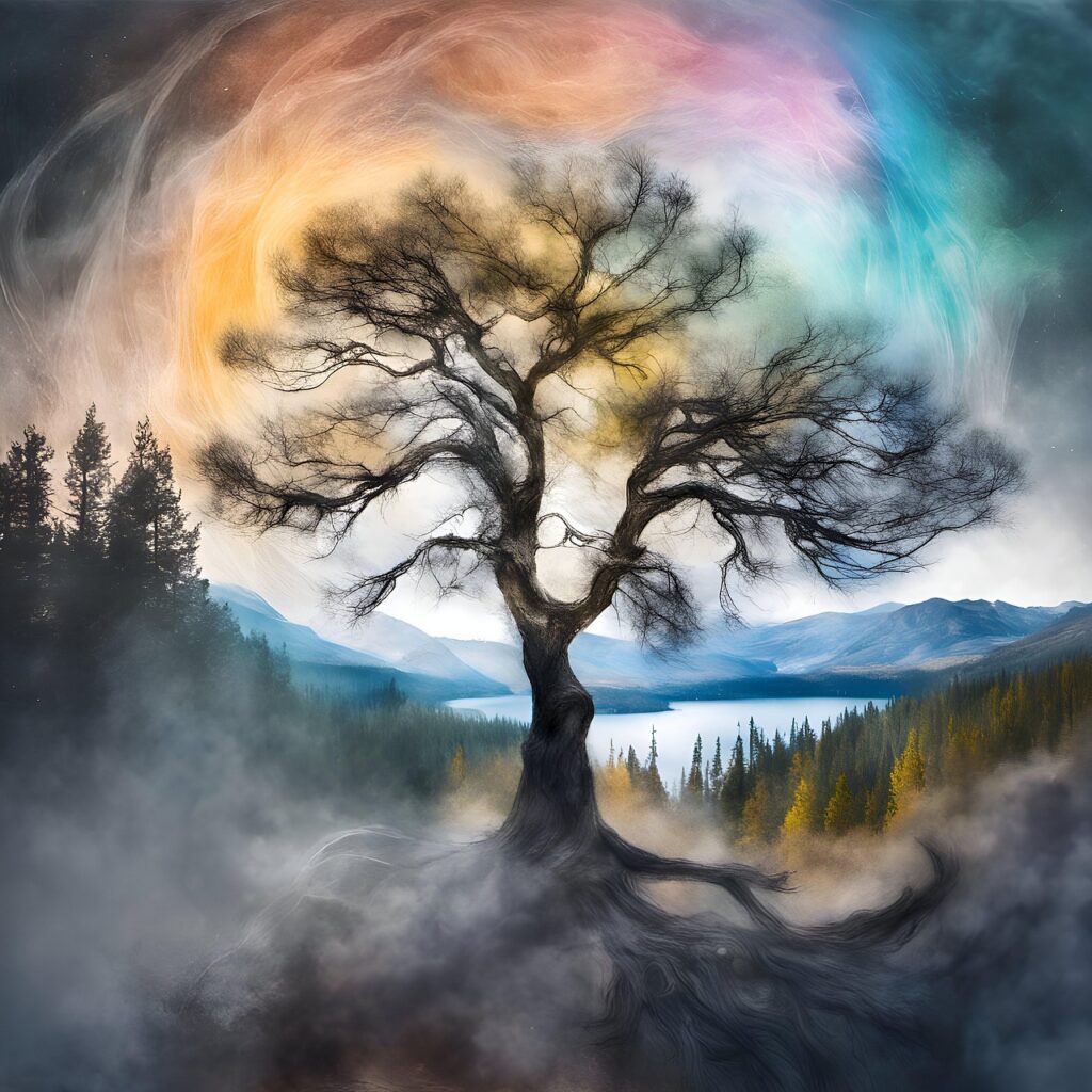 tree, tree of life, lake, roots, mountains, colorful, painting, digital art, watercolor style, nature, tree of life, tree of life, tree of life, tree of life, tree of life