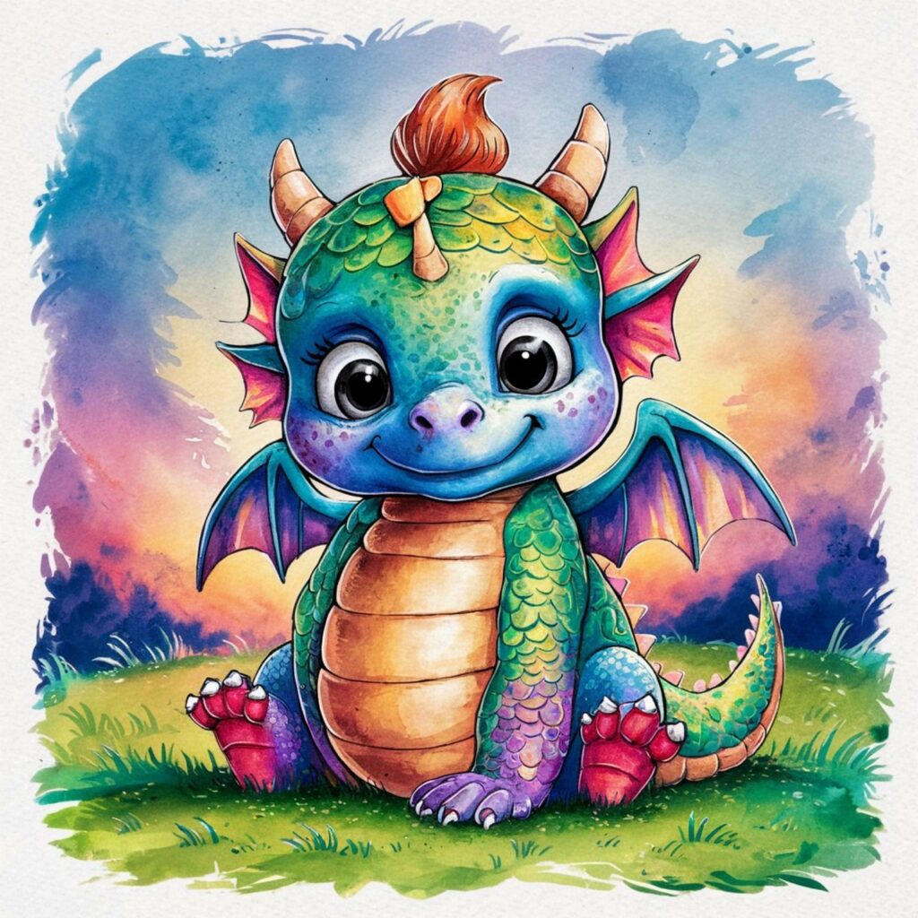 ai generated, baby dragon, watercolor style, vibrant colors, cute, kawaii, ideogram
