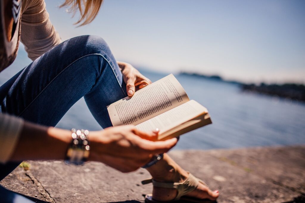 reading, book, girl, woman, sunshine, lake, novel, open book, read, nature, leisure, hobby