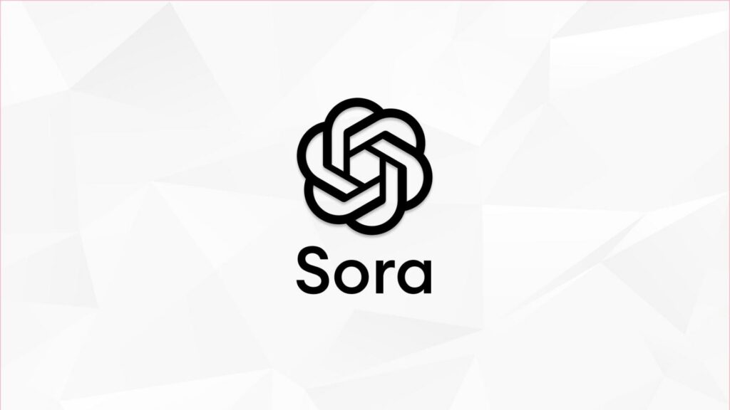 A black geometric knot logo above the word Sora on a white, abstract polygonal background. .Uploaded on aifreeforever.com