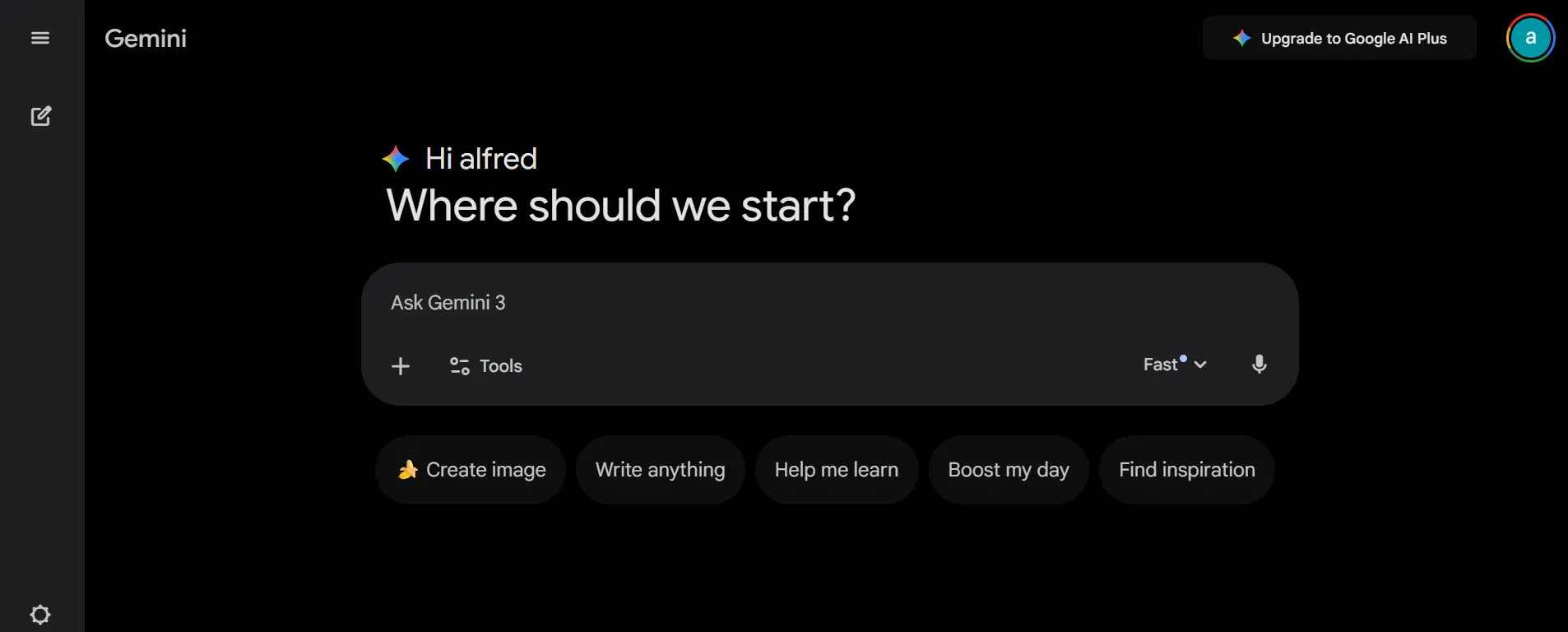 A dark-themed Gemini interface welcomes the user and prompts, Where should we start? with options such as Create image, Write anything, and Help me learn visible below—your gateway to the best AI text generator tools. Uploaded on aifreeforever.com