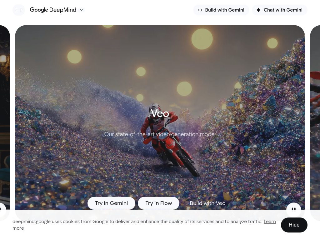 A person on a red motorcycle rides through a vibrant, glittery, abstract landscape under large glowing lights, with Veo and 2026 AI video results options to try or build with the model displayed. Uploaded on aifreeforever.com