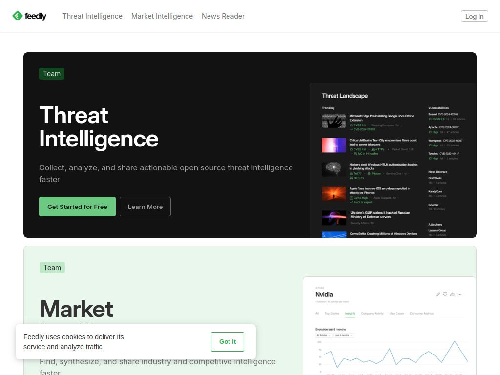 Feedly webpage showing Threat Intelligence section with a dark background, a Get Started for Free button, and sample news articles listed on the right—highlighting why it’s among the best news apps and leading news aggregator apps of 2026. Uploaded on aifreeforever.com