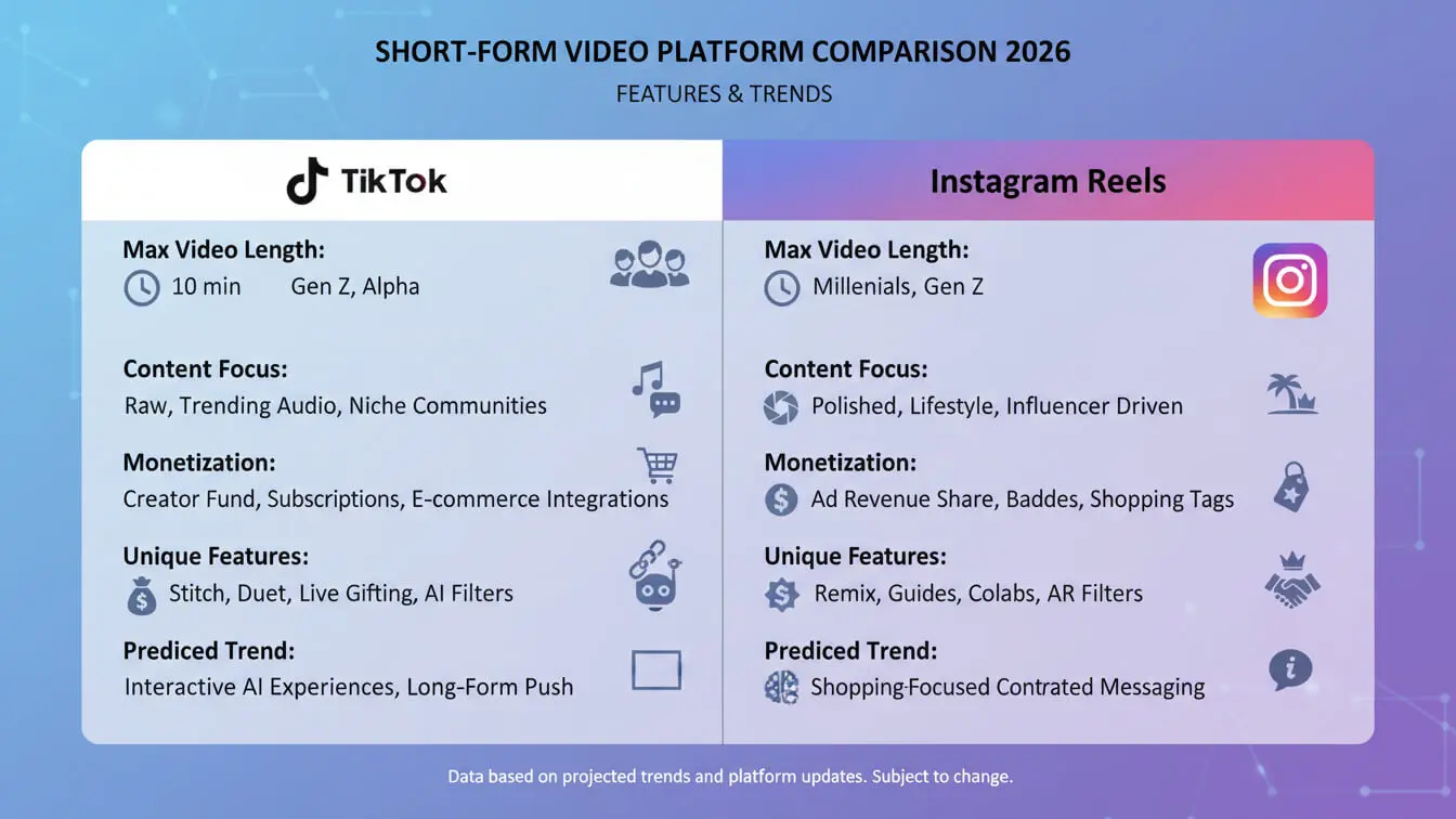 A side-by-side infographic compares Instagram Reels and TikTok Videos in 2026 on features, target demographics, content focus, monetization, unique features, and predicted trends. Uploaded on aifreeforever.com
