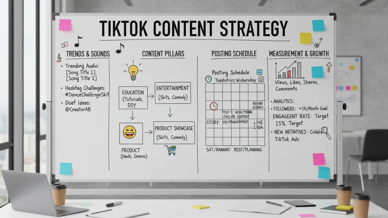 Whiteboard displays a TikTok content strategy, outlining TikTok hooks, content pillars, posting schedule, and measurement methods with charts, diagrams, and icons above a desk with office supplies. Uploaded on aifreeforever.com