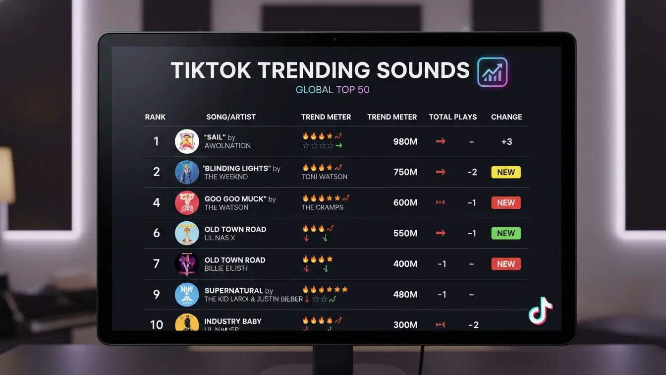 A computer monitor displays a list titled TikTok Trending Sounds Global Top 50, featuring song rankings, artists, trend data, and changes for the top 10 tracks—perfect for discovering new TikTok hooks and the most trending TikTok sounds. Uploaded on aifreeforever.com