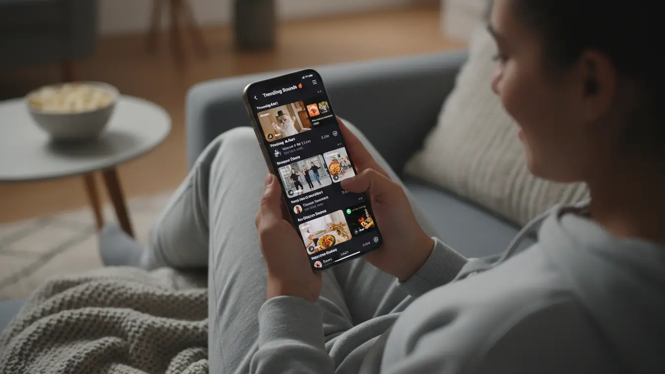 A person sits on a couch, wearing grey clothes, and browses TikTok videos on a smartphone. A bowl of popcorn is on a nearby table. Uploaded on aifreeforever.com