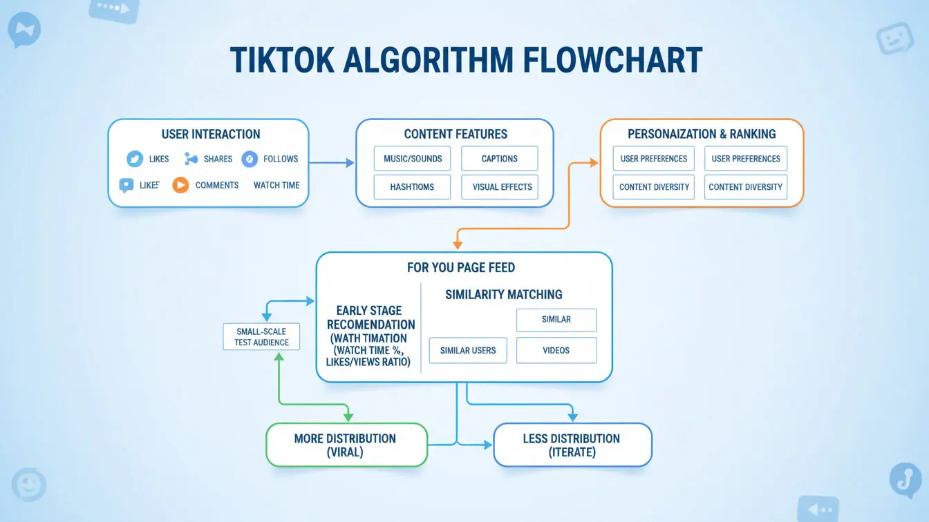 Flowchart detailing TikTok’s algorithm, featuring user interaction, content features, TikTok hooks, personalization, similarity matching, and paths to viral or limited distribution. Uploaded on aifreeforever.com