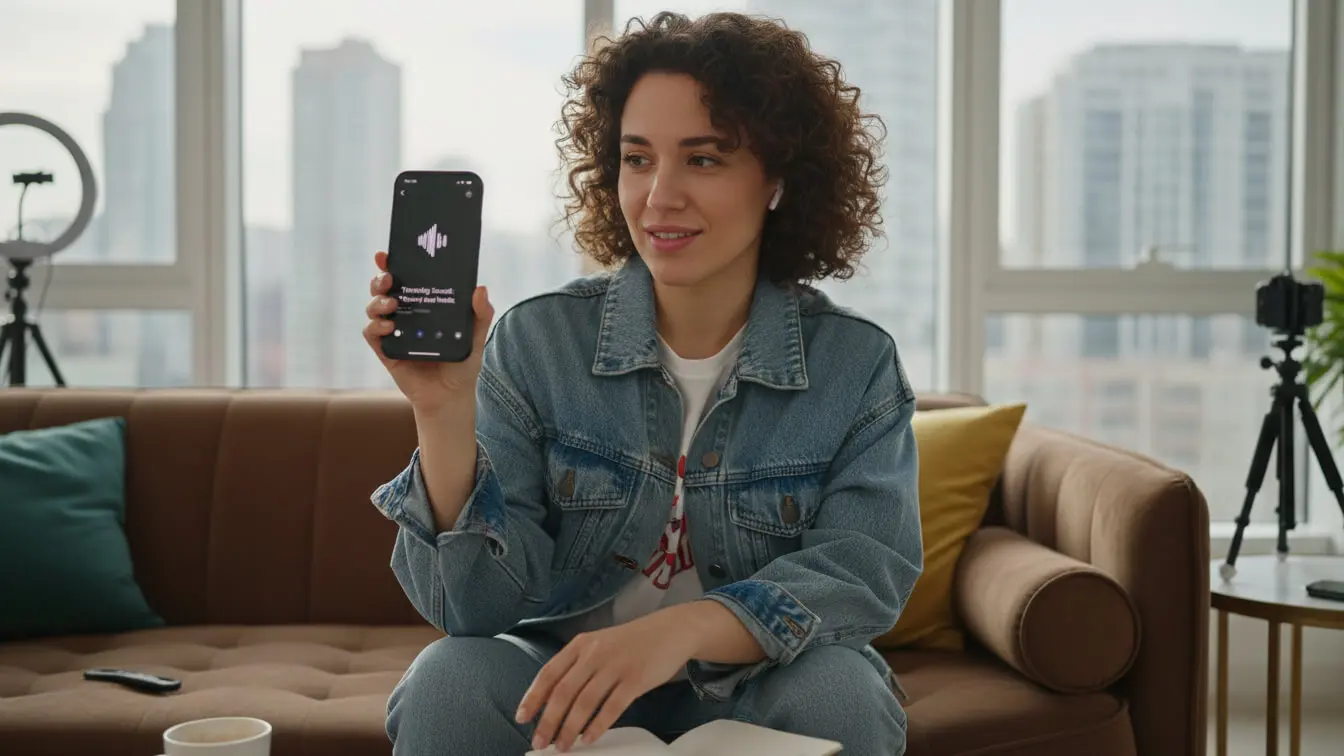 Woman in a denim jacket sits on a couch, earbuds in and notebook in her lap, holding up her smartphone with a sound volume screen—ready to explore TikTok trending sounds with this free guide. Uploaded on aifreeforever.com