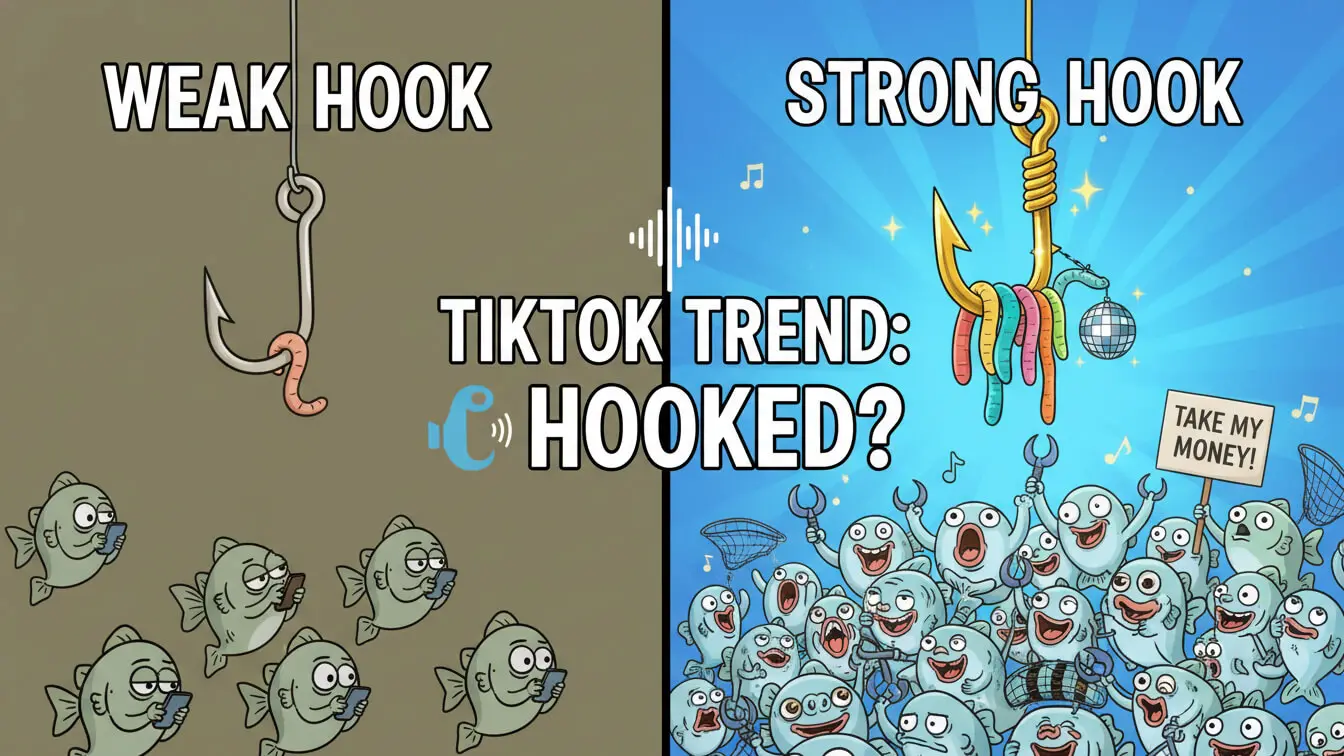 Comparison of a weak hook attracting few fish and a strong hook with trending sounds drawing in many excited fish, illustrating the concept of effective hooks in TikTok trends. Download our free guide to boost your TikTok engagement!. Uploaded on aifreeforever.com
