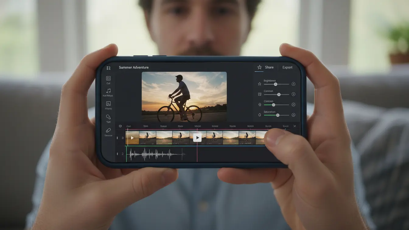 A person holds a smartphone displaying a video editing app with a clip of a cyclist at sunset and various editing tools visible—perfect for adding TikTok trending sounds or following a free guide to create viral content. Uploaded on aifreeforever.com