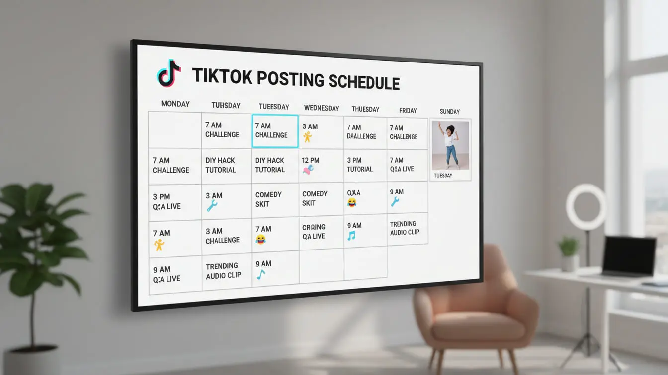 A wall-mounted screen displays a TikTok posting schedule, including daily post types, times, and trending sounds for each day of the week, in an office setting with a chair and plant—perfect inspiration for your next viral clip or free guide. Uploaded on aifreeforever.com