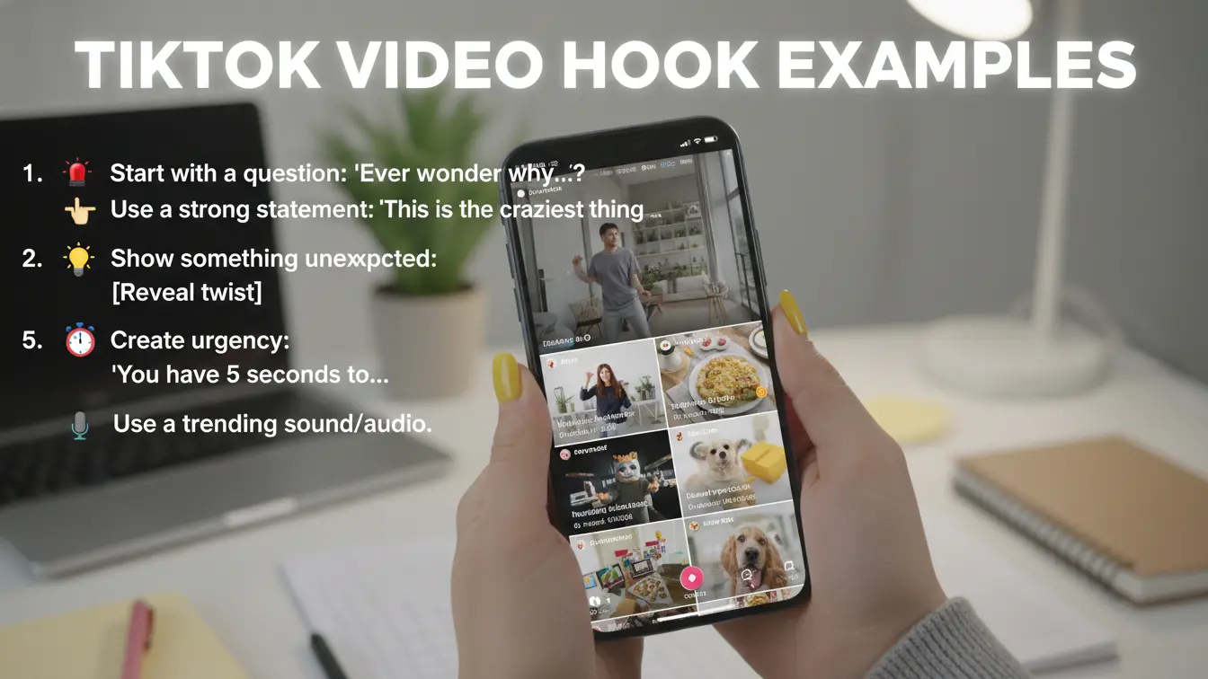 Person holding a smartphone displaying TikTok, with text overlay listing five TikTok video hook examples and tips for using trending sounds, set against a blurred office background. Perfect for anyone seeking a free guide to boost their content. Uploaded on aifreeforever.com