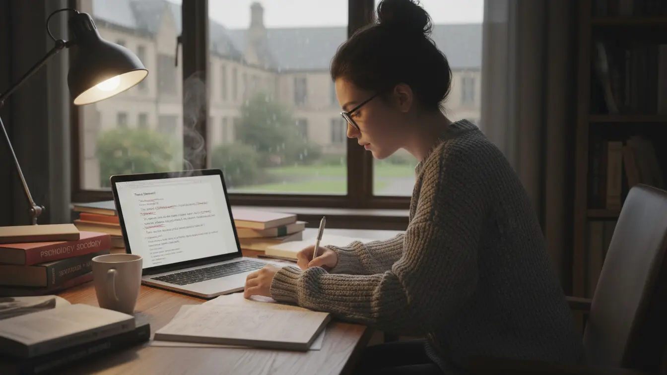 A person wearing glasses studies at a desk with an open laptop, notebooks, and books, while writing notes on thesis statement examples by hand in front of a large window overlooking a courtyard. Uploaded on aifreeforever.com