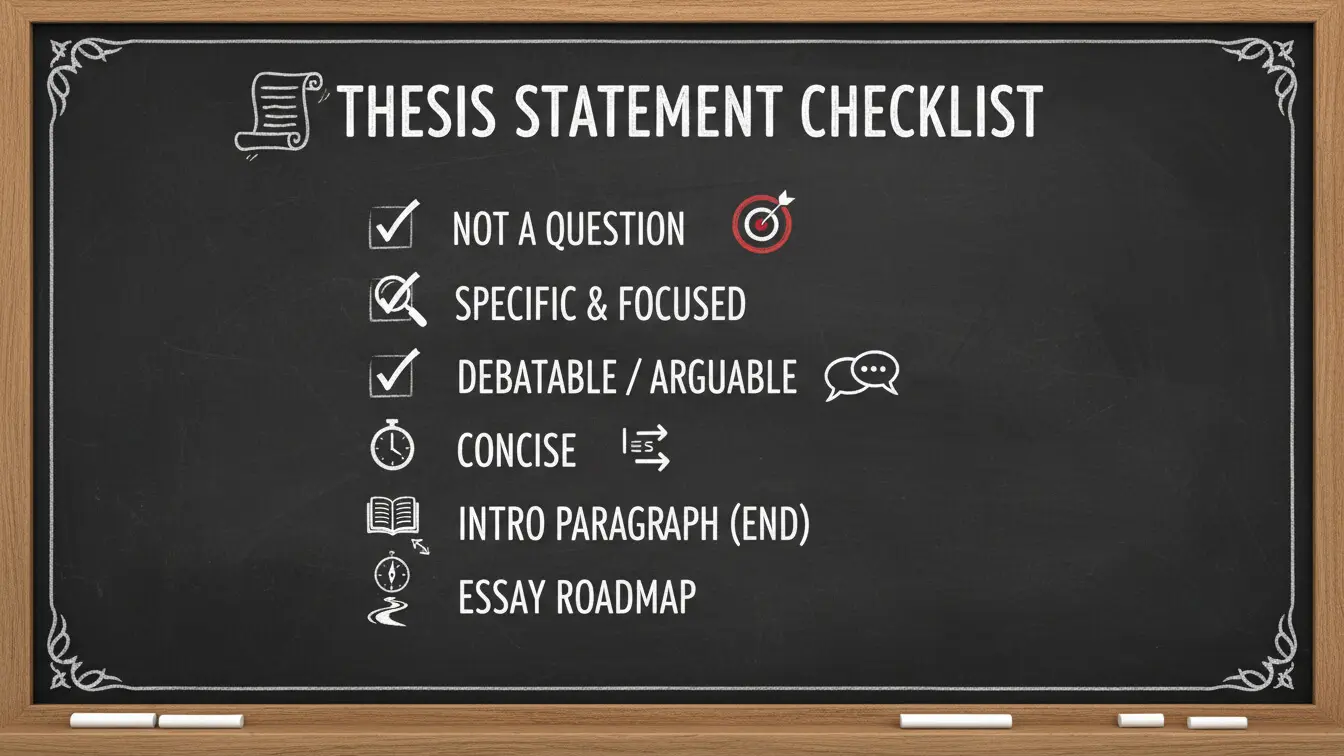 A chalkboard displays a thesis statement checklist with six requirements, each marked by icons and checkmarks, to help you write a thesis statement. Includes tips and Thesis Statement examples for crafting effective arguments. Uploaded on aifreeforever.com