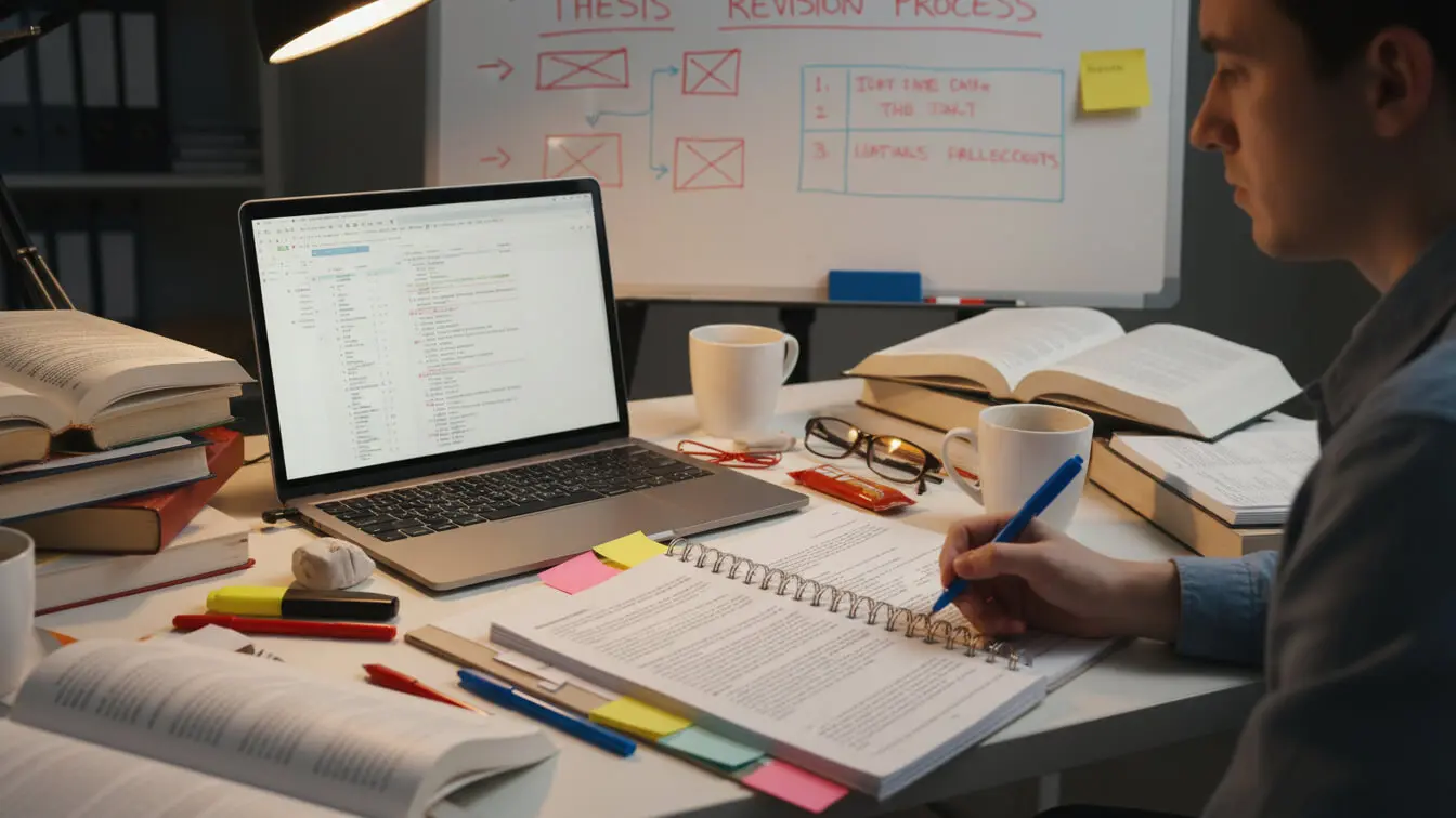 Person sitting at a cluttered desk with books, a laptop, and papers, taking notes; a whiteboard labeled Thesis Revision Process is visible in the background, displaying steps to write a Thesis Statement and review Thesis Statement examples. Uploaded on aifreeforever.com