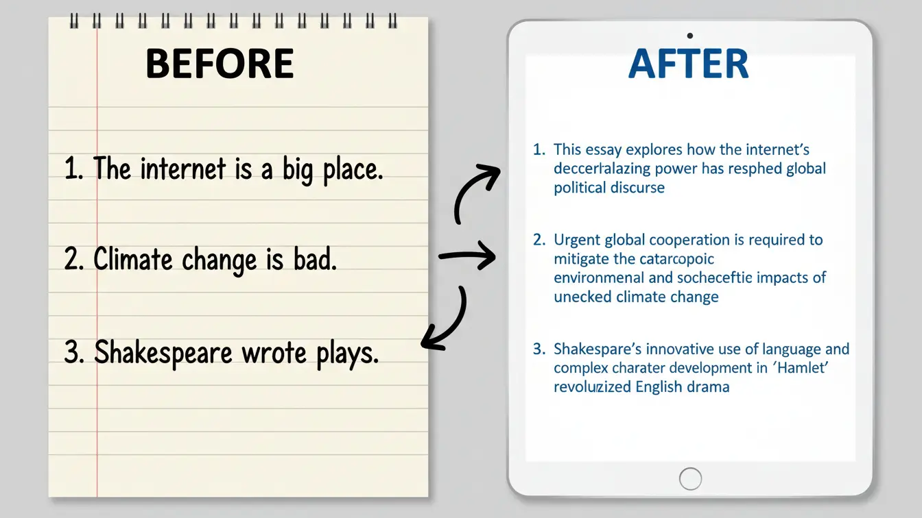 A notepad with vague statements labeled before is shown next to a tablet with detailed, specific essay topics and thesis statement examples labeled after. Arrows indicate a transformation from general ideas to focused thesis statements. Uploaded on aifreeforever.com