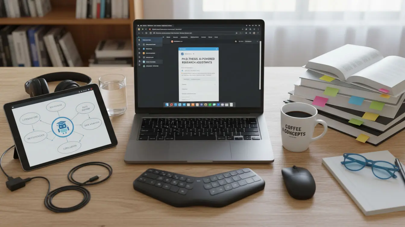 A laptop displaying a messaging app, alongside stacked books with sticky notes for writing a Thesis Statement, tablet, keyboard, mouse, headphones, glass of water, and coffee mug arranged neatly on a wooden desk. Uploaded on aifreeforever.com