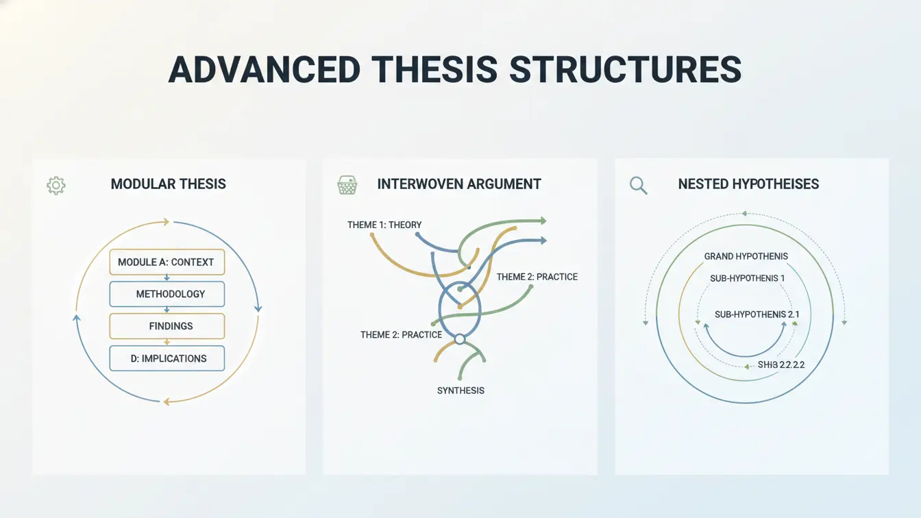 Three diagrams illustrate advanced thesis structures: modular thesis with linear steps, interwoven argument with intersecting themes, and nested hypotheses with layered subpoints—ideal for those seeking Thesis Statement examples. Uploaded on aifreeforever.com