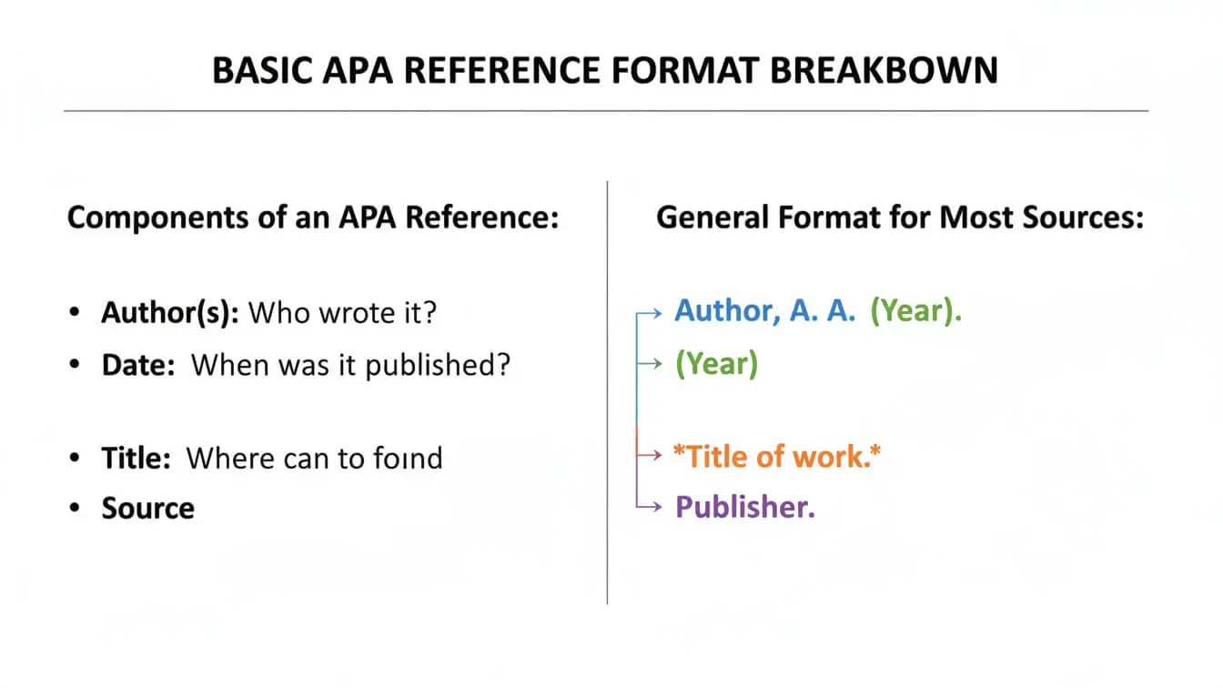 A diagram explaining basic APA Citation format with components: author, date, title, source; and the general format: Author, A. A. (Year). Title of work. Publisher. Perfect for learning how to Format APA References correctly. Uploaded on aifreeforever.com