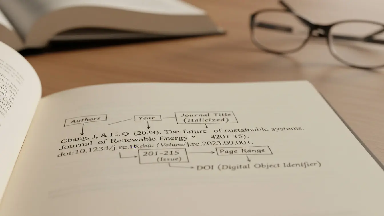 An open book displays a diagram explaining the elements of an APA citation for a journal article, with glasses and another open book in the blurred background. Uploaded on aifreeforever.com
